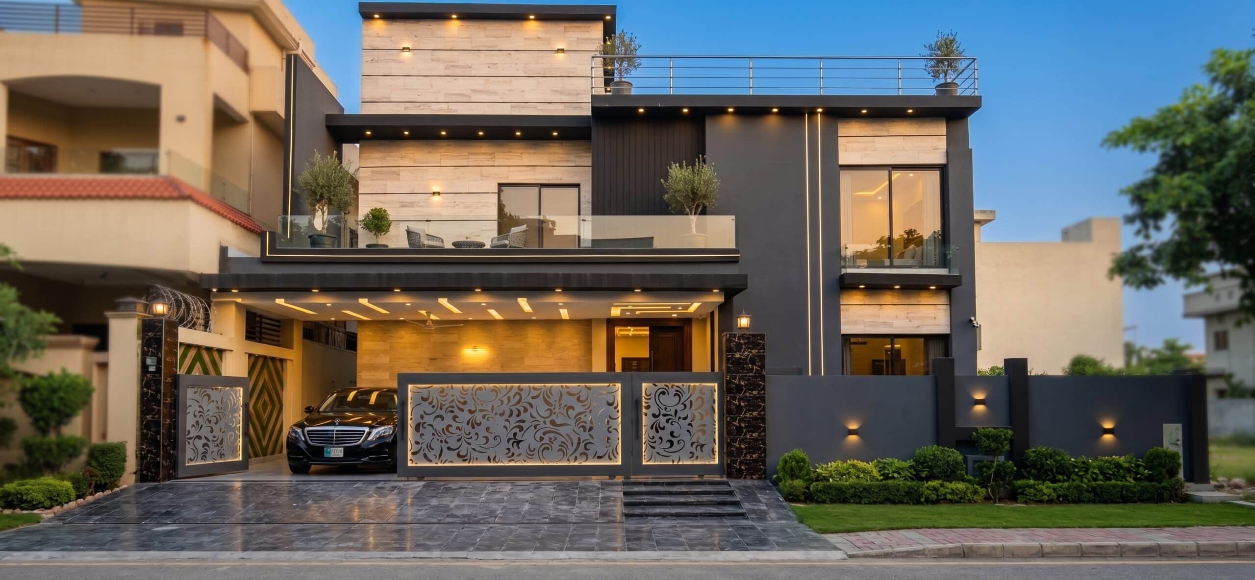Home exterior with a landscaped outdoor living area